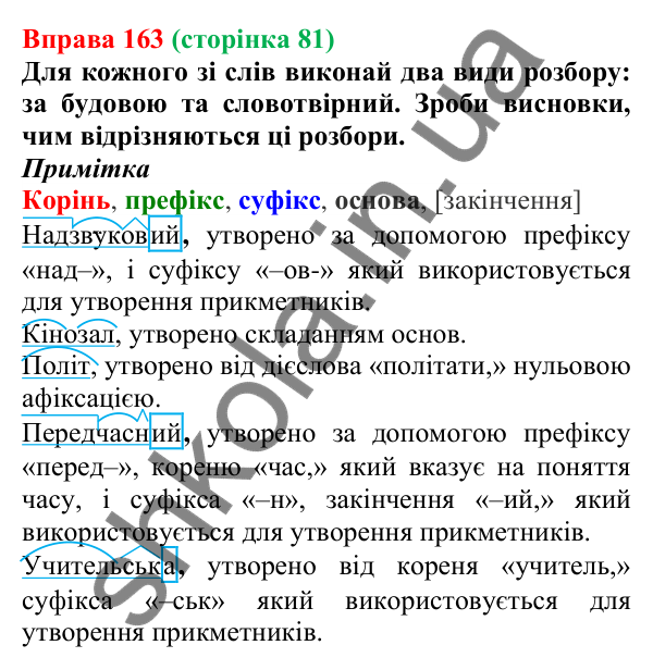Відповідь до вправи 163 (с. 81) з української мови для 6 класу (Онатій, 2023): Словотвірний розбір слова