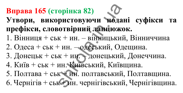 Відповідь до вправи 165 (с. 82) з української мови для 6 класу (Онатій, 2023): Словотвір. Орфографія. Узагальнення