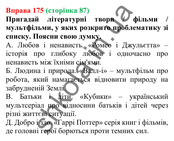 Відповідь до вправи 175 (с. 87) з української мови для 6 класу (Онатій, 2023): Ідея. Проблематика тексту