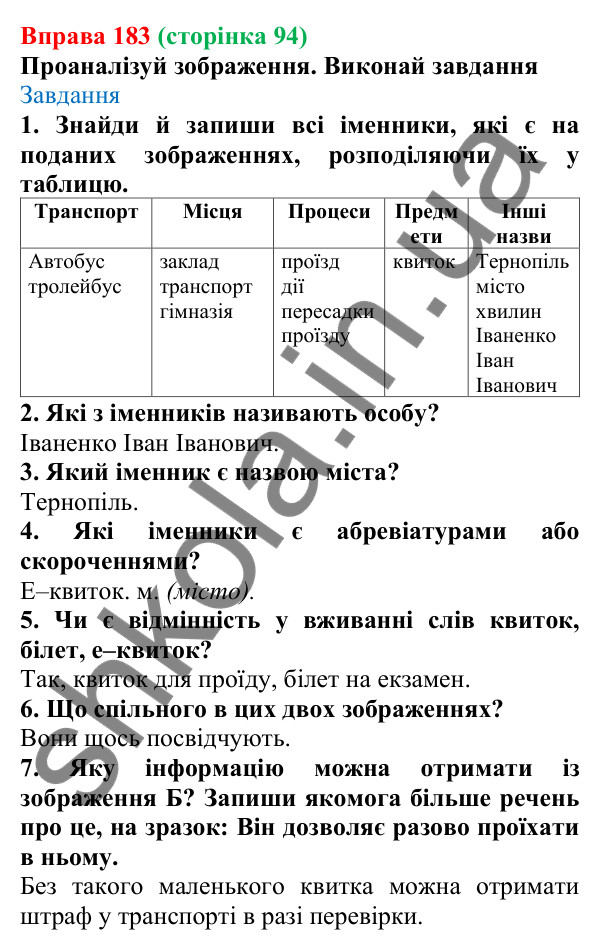 Відповідь до вправи 183 (с. 94) з української мови для 6 класу (Онатій, 2023): Іменник як частина мови. Конкретні й...