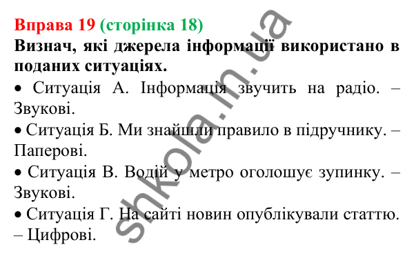 Відповідь до вправи 19 (с. 18) з української мови для 6 класу (Онатій, 2023): Види інформації. Джерела інформації....