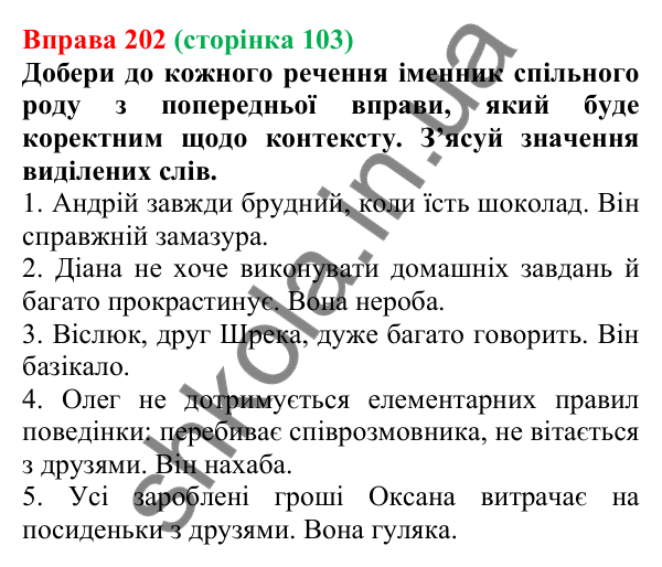 Відповідь до вправи 202 (с. 103) з української мови для 6 класу (Онатій, 2023): Рід іменників. Іменники спільного роду