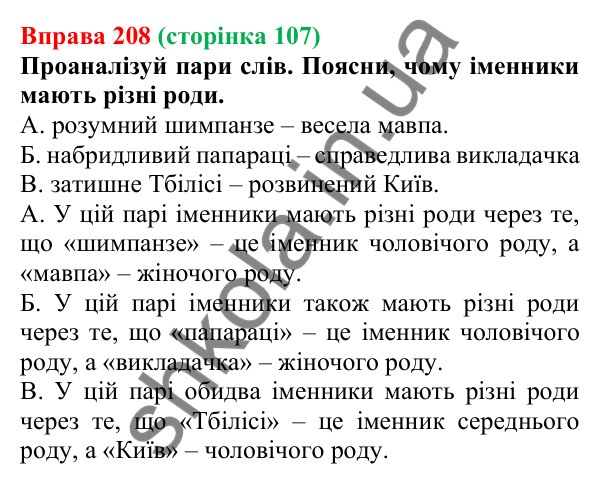 Відповідь до вправи 208 (с. 107) з української мови для 6 класу (Онатій, 2023): Незмінювані іменники. Рід...