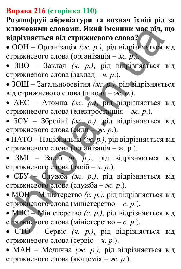 Відповідь до вправи 216 (с. 110) з української мови для 6 класу (Онатій, 2023): Число іменників. Іменники, що мають...