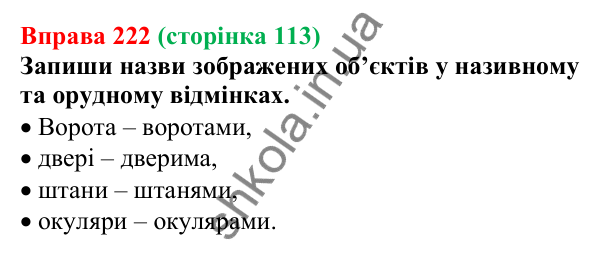 Відповідь до вправи 222 (с. 113) з української мови для 6 класу (Онатій, 2023): Число іменників. Іменники, що мають...