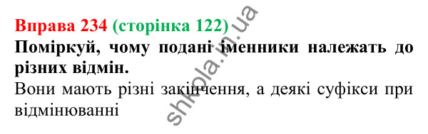 Відповідь до вправи 234 (с. 122) з української мови для 6 класу (Онатій, 2023): Поділ іменників на відміни й групи
