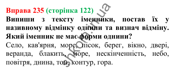 Відповідь до вправи 235 (с. 122) з української мови для 6 класу (Онатій, 2023): Поділ іменників на відміни й групи