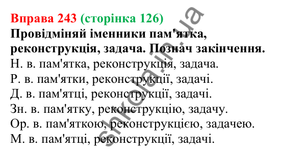 Відповідь до вправи 243 (с. 126) з української мови для 6 класу (Онатій, 2023): Відмінювання іменників І відміни