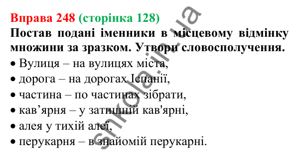Відповідь до вправи 248 (с. 128) з української мови для 6 класу (Онатій, 2023): Відмінювання іменників І відміни
