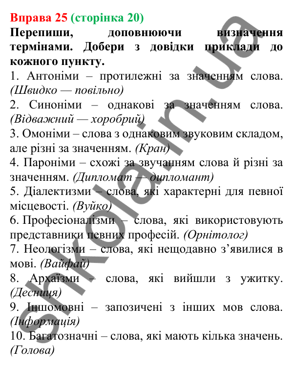 Відповідь до вправи 25 (с. 20) з української мови для 6 класу (Онатій, 2023): Повторення. Лексикологія. Фразеологія