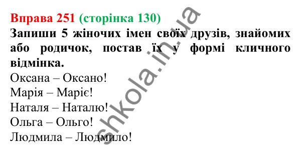Відповідь до вправи 251 (с. 130) з української мови для 6 класу (Онатій, 2023): Кличний відмінок іменників І відміни