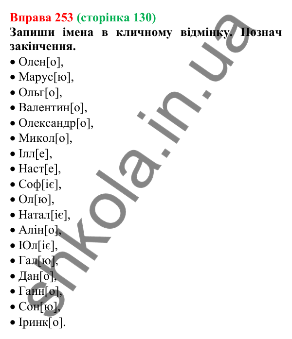 Відповідь до вправи 253 (с. 130) з української мови для 6 класу (Онатій, 2023): Кличний відмінок іменників І відміни