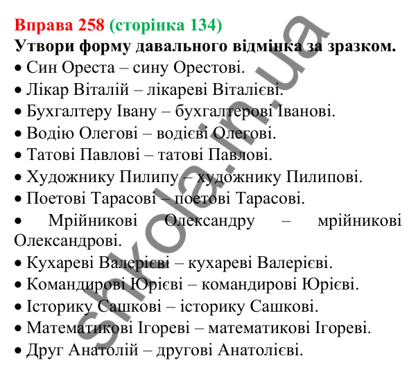 Відповідь до вправи 258 (с. 134) з української мови для 6 класу (Онатій, 2023): Відмінювання іменників ІІ відміни