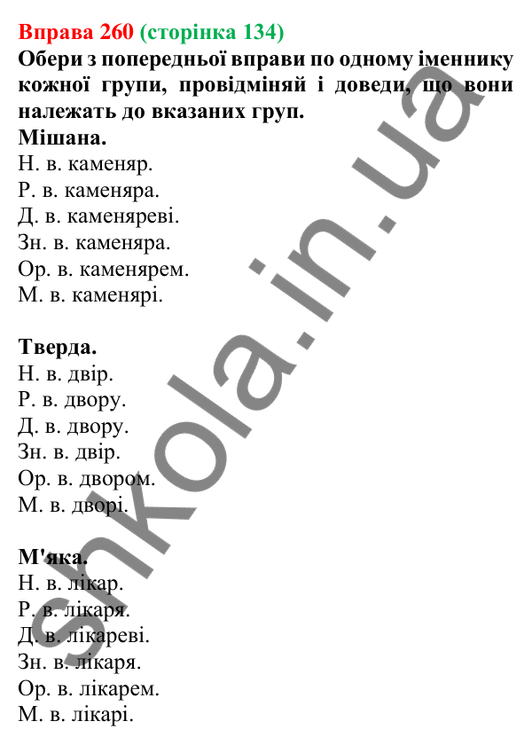 Відповідь до вправи 260 (с. 134) з української мови для 6 класу (Онатій, 2023): Відмінювання іменників ІІ відміни
