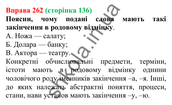 Відповідь до вправи 262 (с. 136) з української мови для 6 класу (Онатій, 2023): Особливості відмінювання іменників...