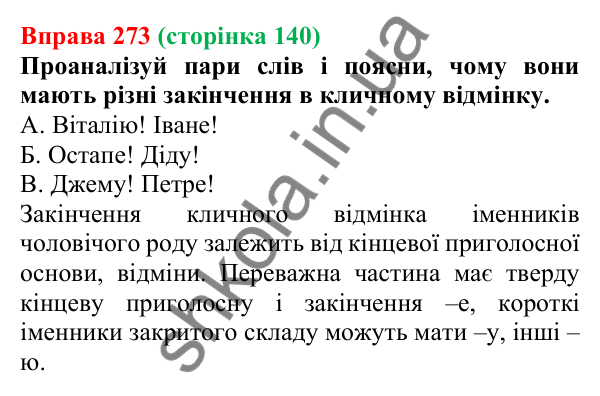 Відповідь до вправи 273 (с. 140) з української мови для 6 класу (Онатій, 2023): Кличний відмінок іменників ІІ відміни