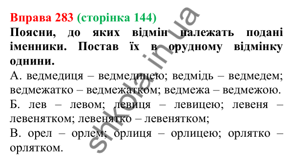 Відповідь до вправи 283 (с. 144) з української мови для 6 класу (Онатій, 2023): Відмінювання іменників IV відміни