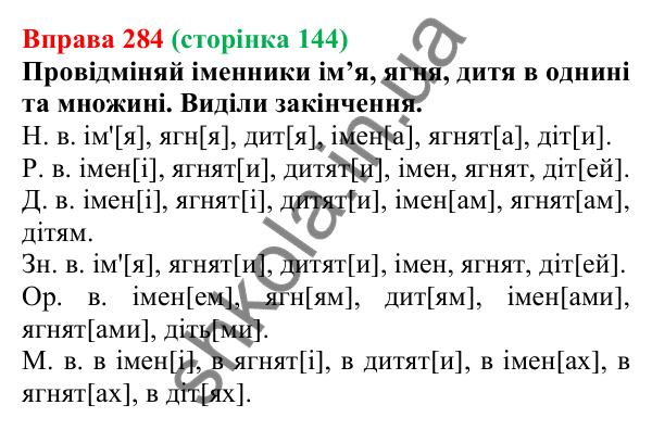 Відповідь до вправи 284 (с. 144) з української мови для 6 класу (Онатій, 2023): Відмінювання іменників IV відміни