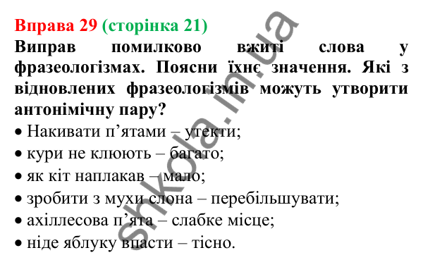 Відповідь до вправи 29 (с. 21) з української мови для 6 класу (Онатій, 2023): Повторення. Лексикологія. Фразеологія