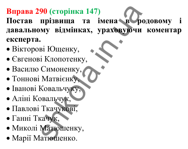 Відповідь до вправи 290 (с. 147) з української мови для 6 класу (Онатій, 2023): Написання й відмінювання чоловічих і...