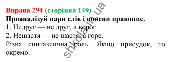 Відповідь до вправи 294 (с. 149) з української мови для 6 класу (Онатій, 2023): Не з іменниками