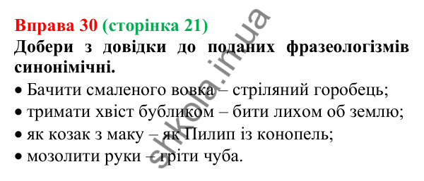 Відповідь до вправи 30 (с. 21) з української мови для 6 класу (Онатій, 2023): Повторення. Лексикологія. Фразеологія