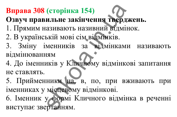 Відповідь до вправи 308 (с. 154) з української мови для 6 класу (Онатій, 2023): Іменник. Узагальнення