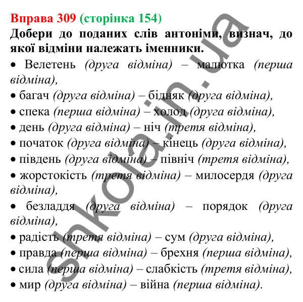 Відповідь до вправи 309 (с. 154) з української мови для 6 класу (Онатій, 2023): Іменник. Узагальнення