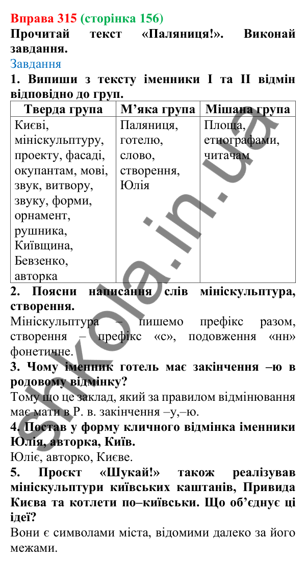 Відповідь до вправи 315 (с. 156) з української мови для 6 класу (Онатій, 2023): Іменник. Узагальнення