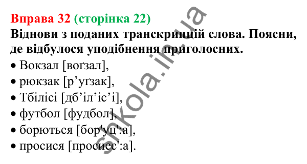 Відповідь до вправи 32 (с. 22) з української мови для 6 класу (Онатій, 2023): Повторення. Фонетика. Орфографія