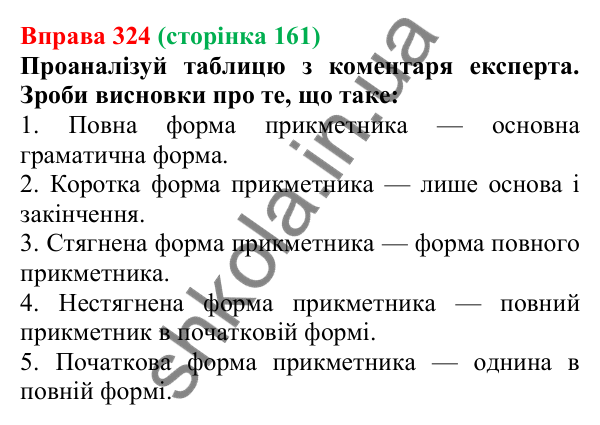 Відповідь до вправи 324 (с. 161) з української мови для 6 класу (Онатій, 2023): Прикметник як частина мови. Короткі...