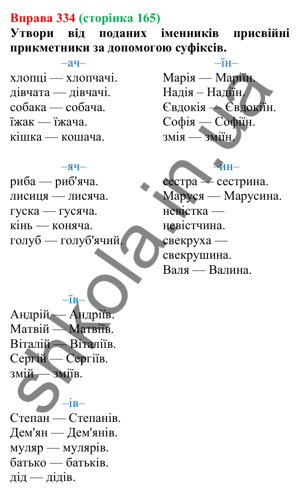 Відповідь до вправи 334 (с. 165) з української мови для 6 класу (Онатій, 2023): Групи прикметників за значенням...