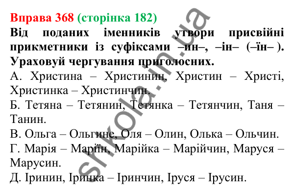 Відповідь до вправи 368 (с. 182) з української мови для 6 класу (Онатій, 2023): Букви е, о, и, і в прикметникових...