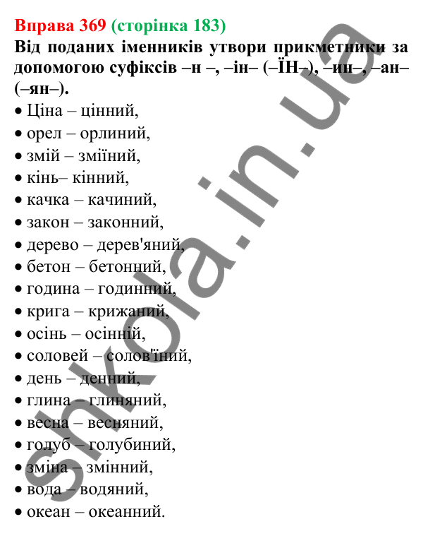 Відповідь до вправи 369 (с. 183) з української мови для 6 класу (Онатій, 2023): Написання -н- та -нн- у прикметниках