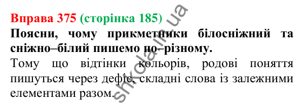 Відповідь до вправи 375 (с. 185) з української мови для 6 класу (Онатій, 2023): Написання складних прикметників...