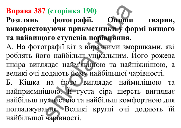 Відповідь до вправи 387 (с. 190) з української мови для 6 класу (Онатій, 2023): Прикметник. Узагальнення