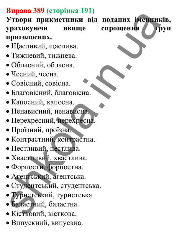 Відповідь до вправи 389 (с. 191) з української мови для 6 класу (Онатій, 2023): Прикметник. Узагальнення