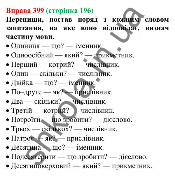 Відповідь до вправи 399 (с. 196) з української мови для 6 класу (Онатій, 2023): Числівник як частина мови