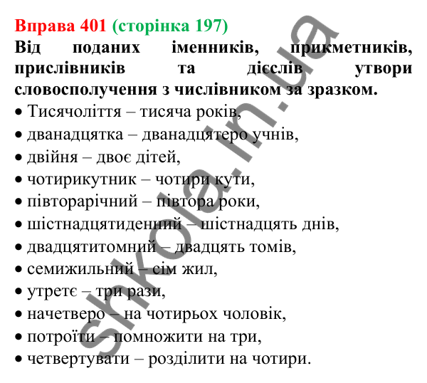 Відповідь до вправи 401 (с. 197) з української мови для 6 класу (Онатій, 2023): Числівник як частина мови