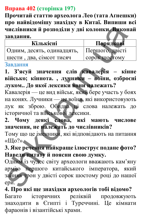 Відповідь до вправи 402 (с. 197) з української мови для 6 класу (Онатій, 2023): Числівник як частина мови