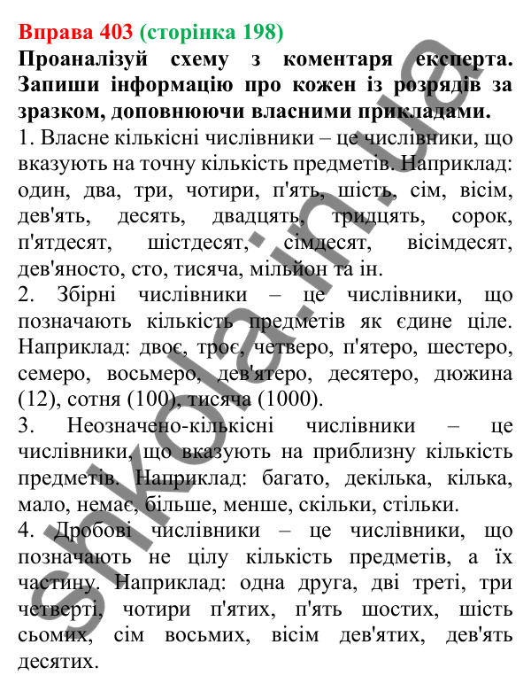 Відповідь до вправи 403 (с. 198) з української мови для 6 класу (Онатій, 2023): Кількісні (власне кількісні...