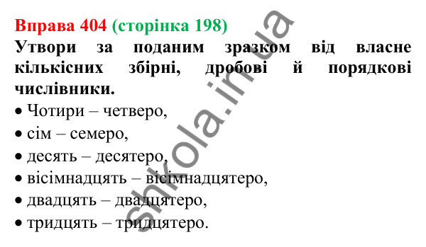 Відповідь до вправи 404 (с. 198) з української мови для 6 класу (Онатій, 2023): Кількісні (власне кількісні...