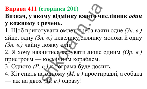 Відповідь до вправи 411 (с. 201) з української мови для 6 класу (Онатій, 2023): Відмінювання числівників (одиниці)