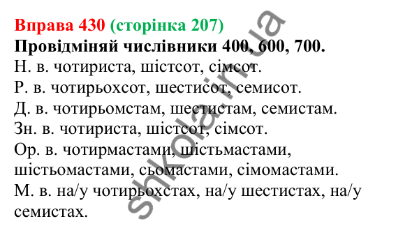 Відповідь до вправи 430 (с. 207) з української мови для 6 класу (Онатій, 2023): Відмінювання числівників (сотні)