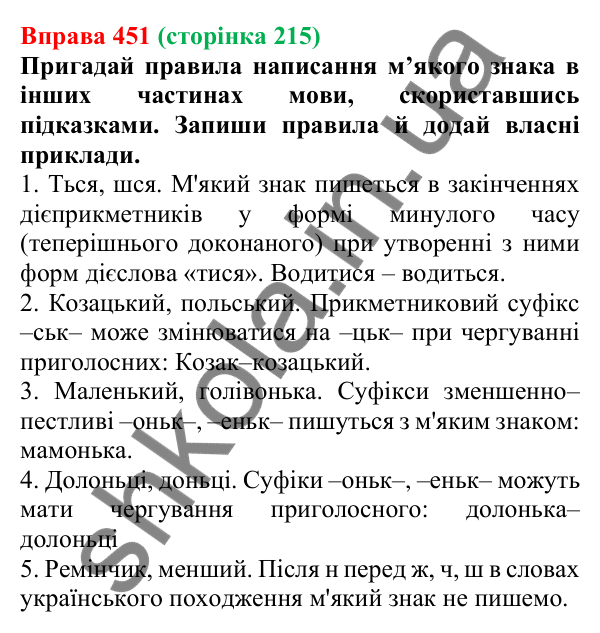 Відповідь до вправи 451 (с. 215) з української мови для 6 класу (Онатій, 2023): Буква ь у кінці числівників і перед...