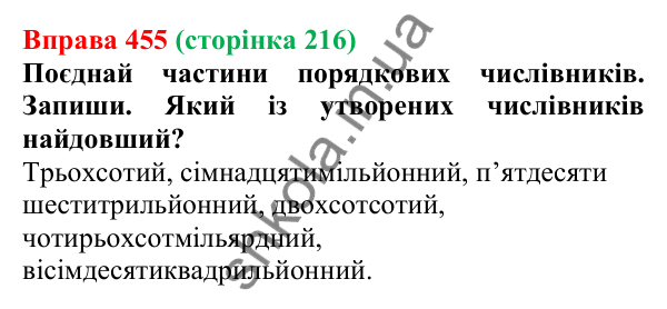 Відповідь до вправи 455 (с. 216) з української мови для 6 класу (Онатій, 2023): Написання разом порядкових...