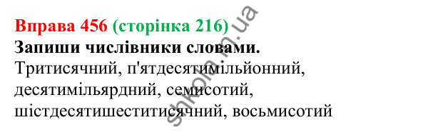 Відповідь до вправи 456 (с. 216) з української мови для 6 класу (Онатій, 2023): Написання разом порядкових...