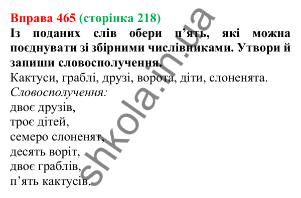 Відповідь до вправи 465 (с. 218) з української мови для 6 класу (Онатій, 2023): Узгодження числівників з іменниками