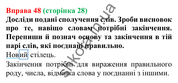 Відповідь до вправи 48 (с. 28) з української мови для 6 класу (Онатій, 2023): Основа слова. Закінчення