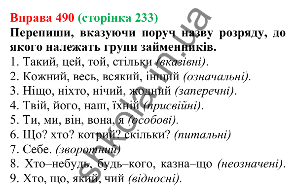 Відповідь до вправи 490 (с. 233) з української мови для 6 класу (Онатій, 2023): Розряди займенників за значенням....
